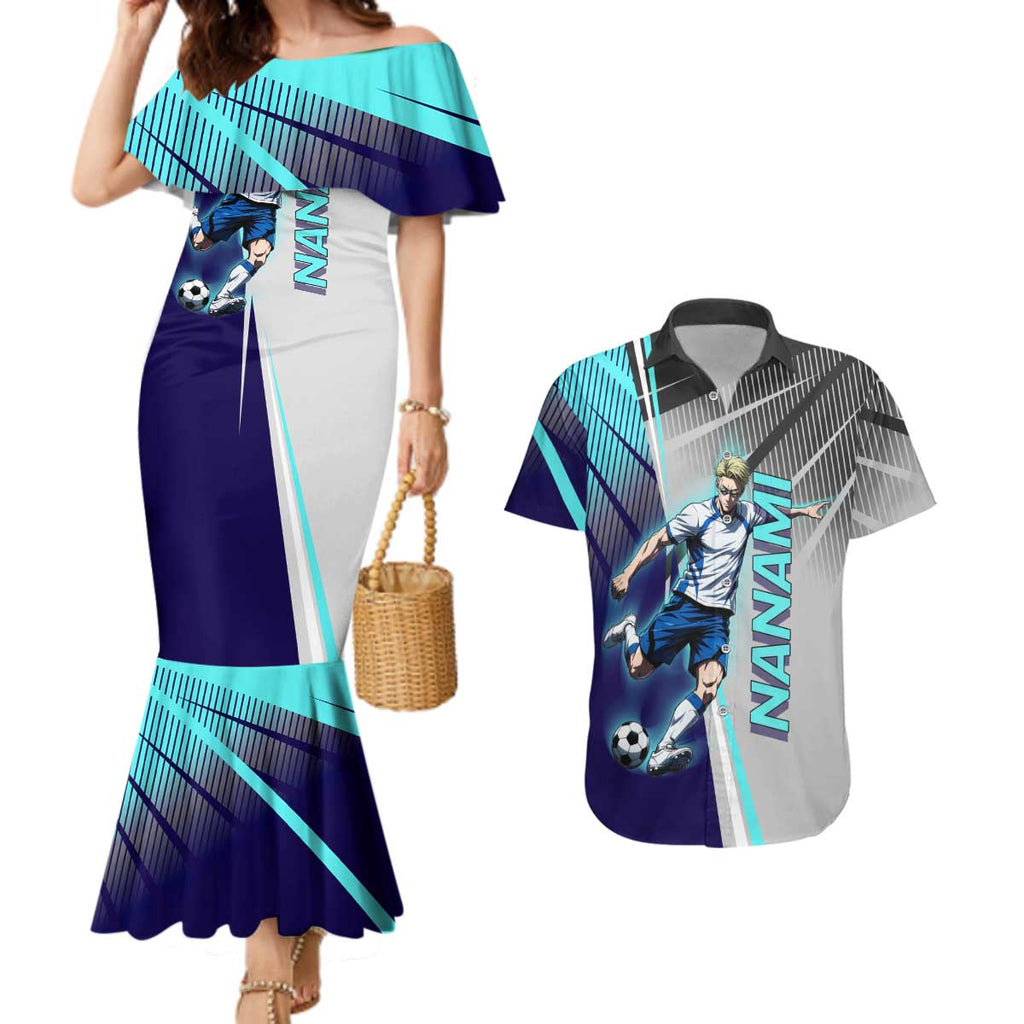 Personalized Nanami Kento Jujutsu Kaisen Couples Matching Mermaid Dress and Hawaiian Shirt with Teal Highlights and Dynamic Kick Pose