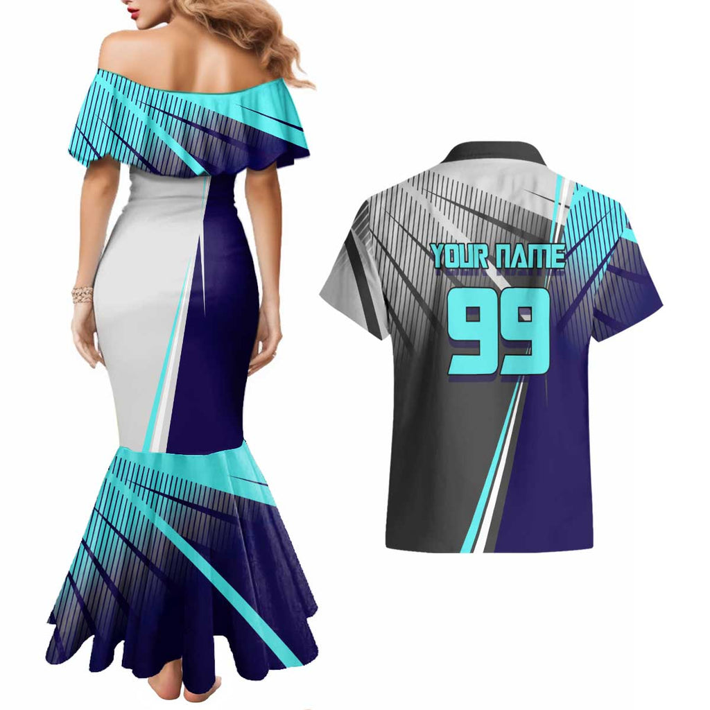 Personalized Nanami Kento Jujutsu Kaisen Couples Matching Mermaid Dress and Hawaiian Shirt with Teal Highlights and Dynamic Kick Pose