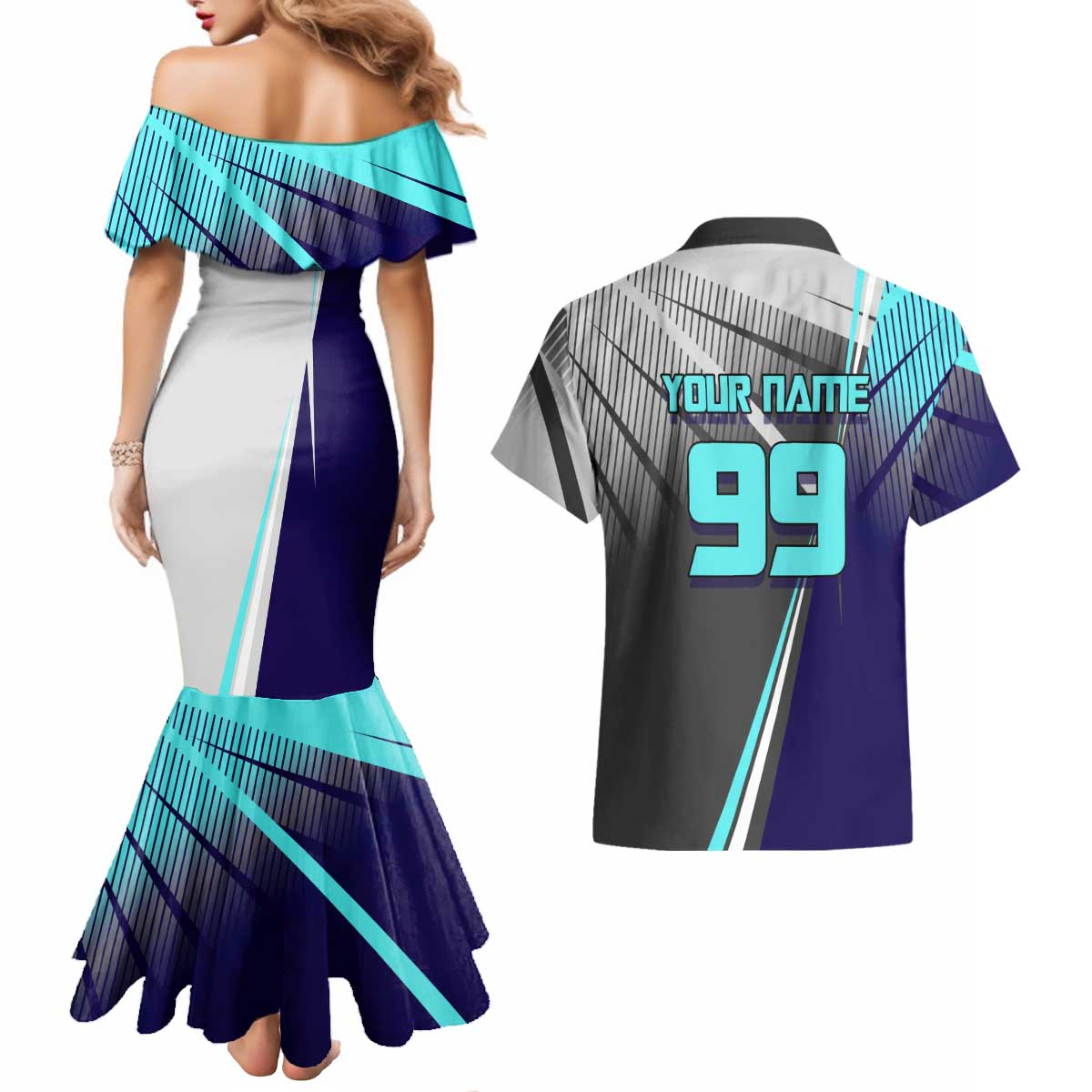 Personalized Nanami Kento Jujutsu Kaisen Couples Matching Mermaid Dress and Hawaiian Shirt with Teal Highlights and Dynamic Kick Pose