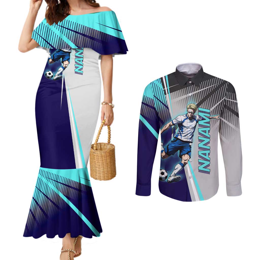 Personalized Nanami Kento Jujutsu Kaisen Couples Matching Mermaid Dress and Long Sleeve Button Shirt with Teal Highlights and Dynamic Kick Pose