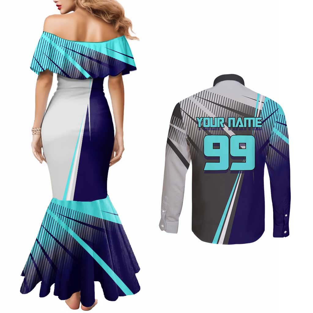 Personalized Nanami Kento Jujutsu Kaisen Couples Matching Mermaid Dress and Long Sleeve Button Shirt with Teal Highlights and Dynamic Kick Pose