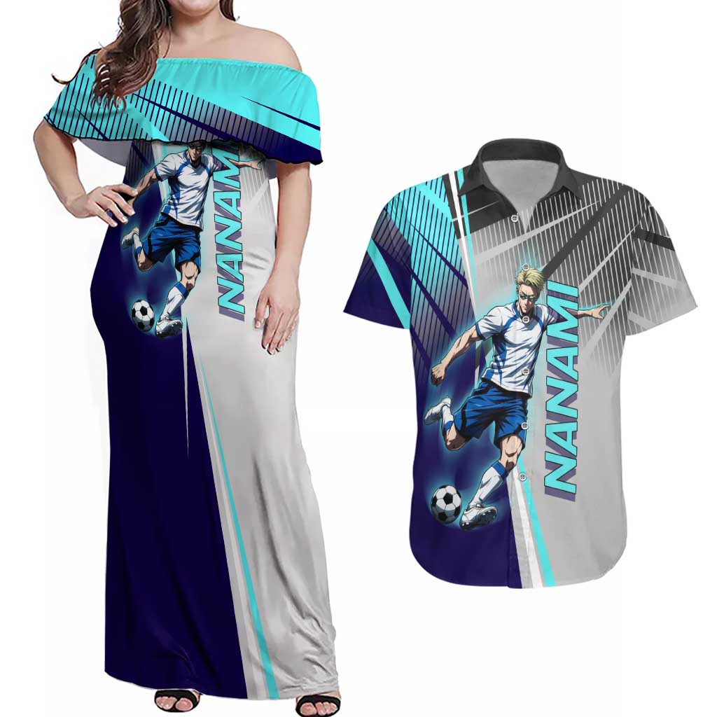 Personalized Nanami Kento Jujutsu Kaisen Couples Matching Off Shoulder Maxi Dress and Hawaiian Shirt with Teal Highlights and Dynamic Kick Pose
