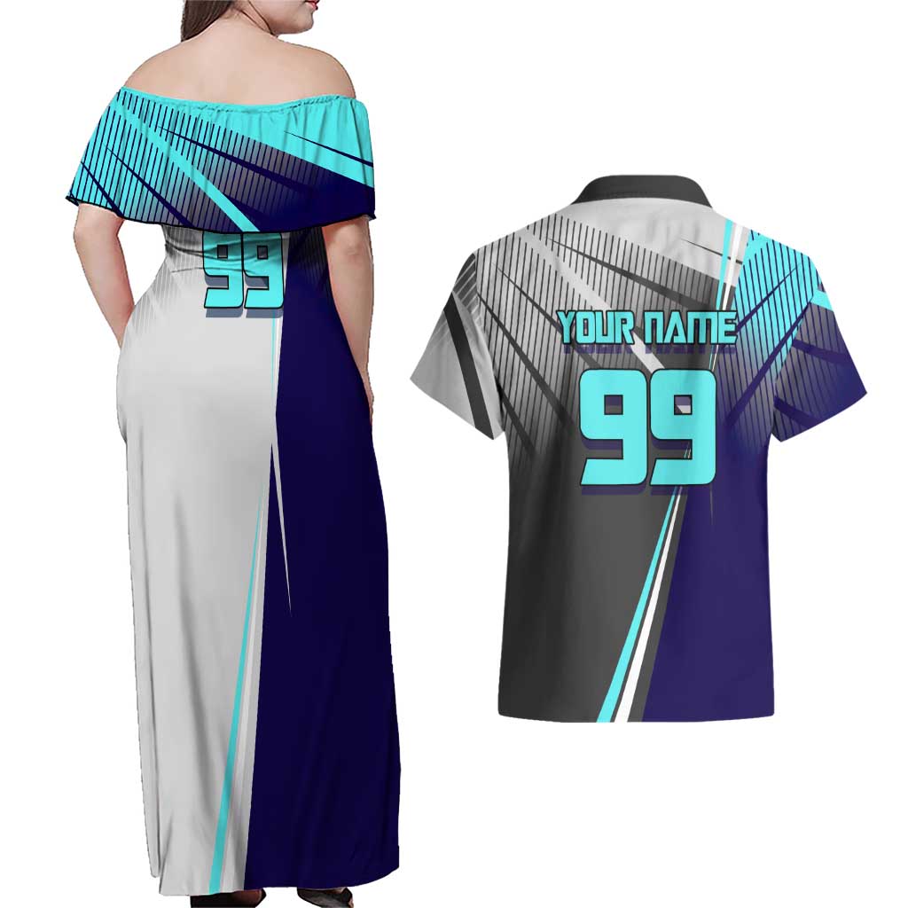 Personalized Nanami Kento Jujutsu Kaisen Couples Matching Off Shoulder Maxi Dress and Hawaiian Shirt with Teal Highlights and Dynamic Kick Pose