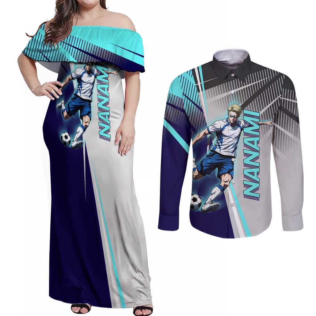 Personalized Nanami Kento Jujutsu Kaisen Couples Matching Off Shoulder Maxi Dress and Long Sleeve Button Shirt with Teal Highlights and Dynamic Kick Pose