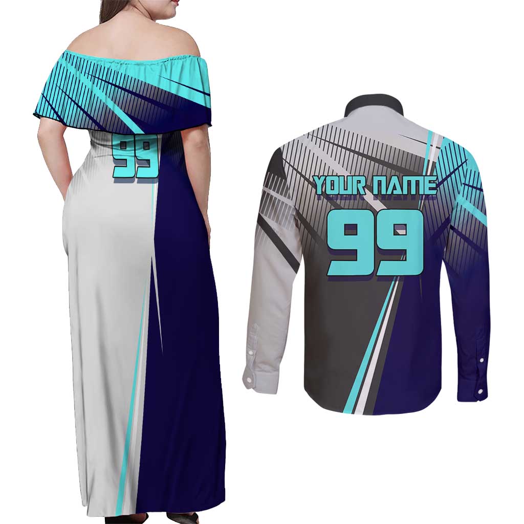 Personalized Nanami Kento Jujutsu Kaisen Couples Matching Off Shoulder Maxi Dress and Long Sleeve Button Shirt with Teal Highlights and Dynamic Kick Pose