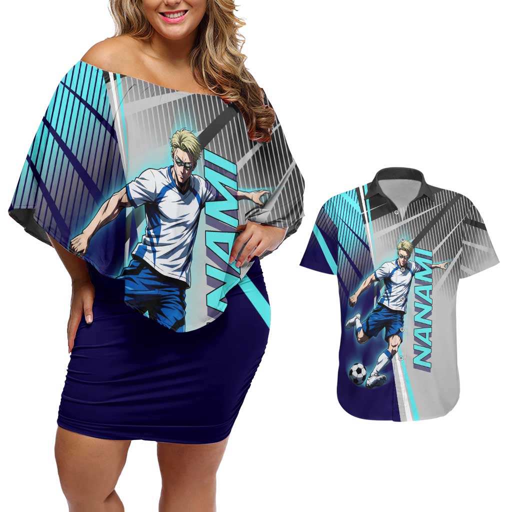 Personalized Nanami Kento Jujutsu Kaisen Couples Matching Off Shoulder Short Dress and Hawaiian Shirt with Teal Highlights and Dynamic Kick Pose