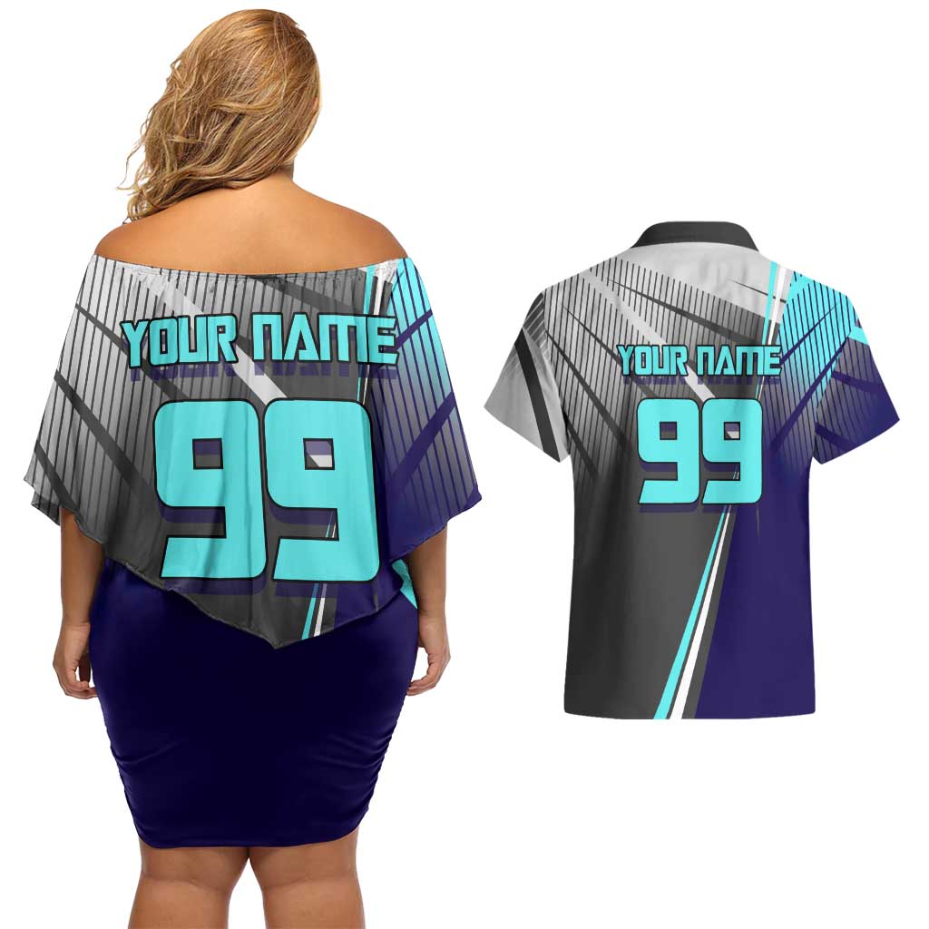 Personalized Nanami Kento Jujutsu Kaisen Couples Matching Off Shoulder Short Dress and Hawaiian Shirt with Teal Highlights and Dynamic Kick Pose