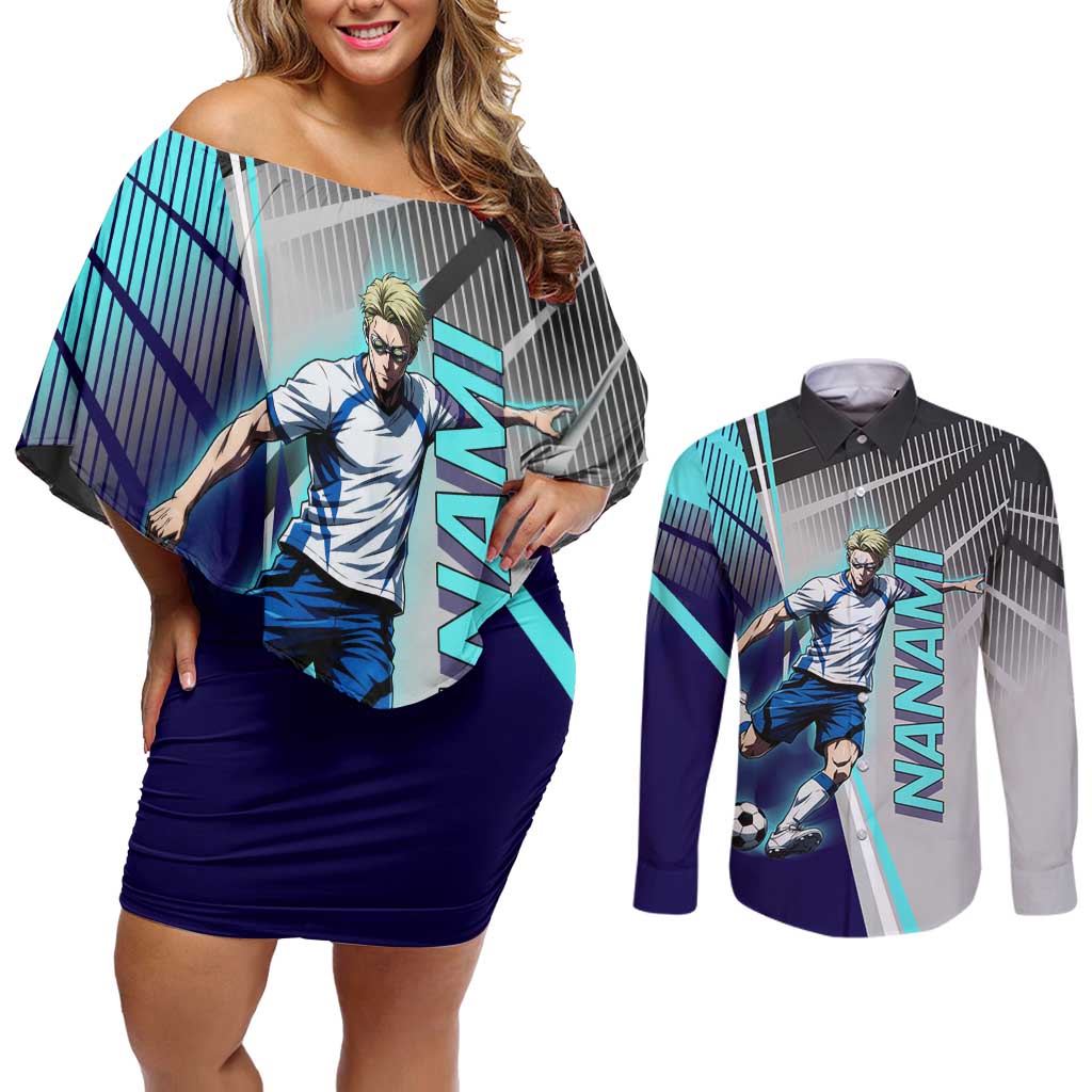 Personalized Nanami Kento Jujutsu Kaisen Couples Matching Off Shoulder Short Dress and Long Sleeve Button Shirt with Teal Highlights and Dynamic Kick Pose