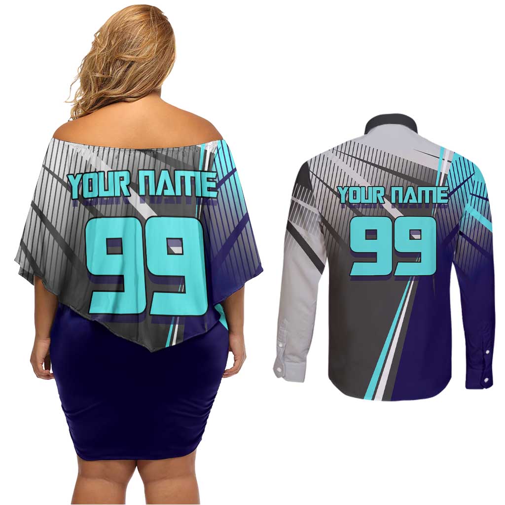 Personalized Nanami Kento Jujutsu Kaisen Couples Matching Off Shoulder Short Dress and Long Sleeve Button Shirt with Teal Highlights and Dynamic Kick Pose