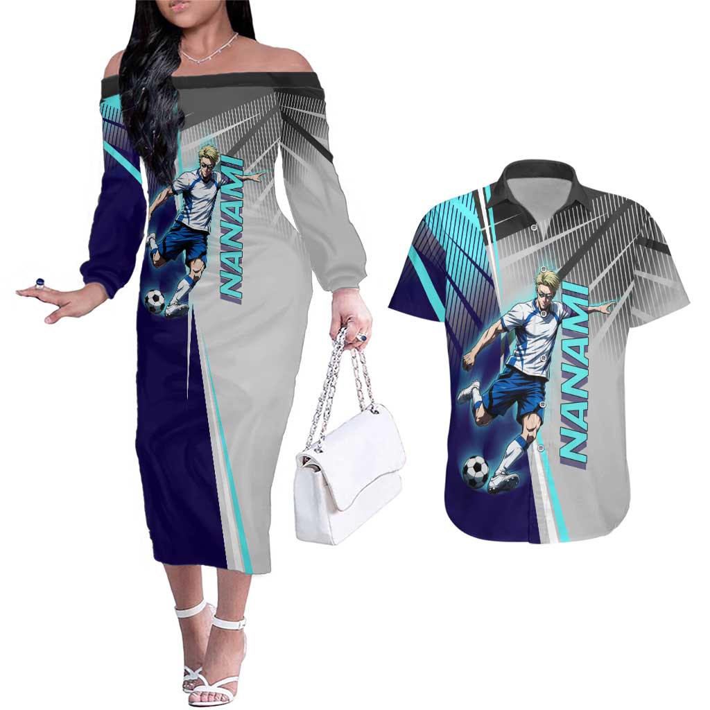 Personalized Nanami Kento Jujutsu Kaisen Couples Matching Off The Shoulder Long Sleeve Dress and Hawaiian Shirt with Teal Highlights and Dynamic Kick Pose
