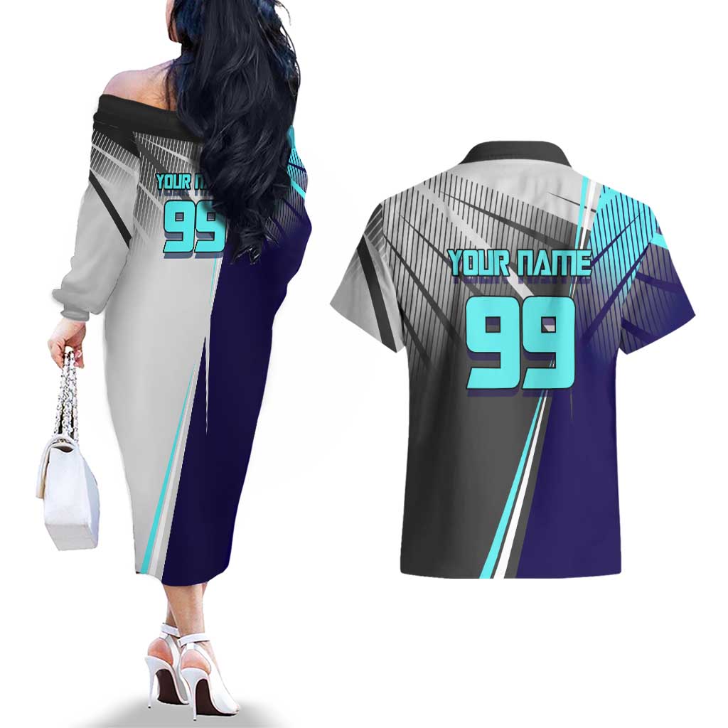 Personalized Nanami Kento Jujutsu Kaisen Couples Matching Off The Shoulder Long Sleeve Dress and Hawaiian Shirt with Teal Highlights and Dynamic Kick Pose
