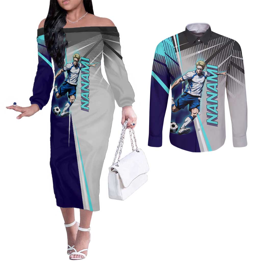 Personalized Nanami Kento Jujutsu Kaisen Couples Matching Off The Shoulder Long Sleeve Dress and Long Sleeve Button Shirt with Teal Highlights and Dynamic Kick Pose