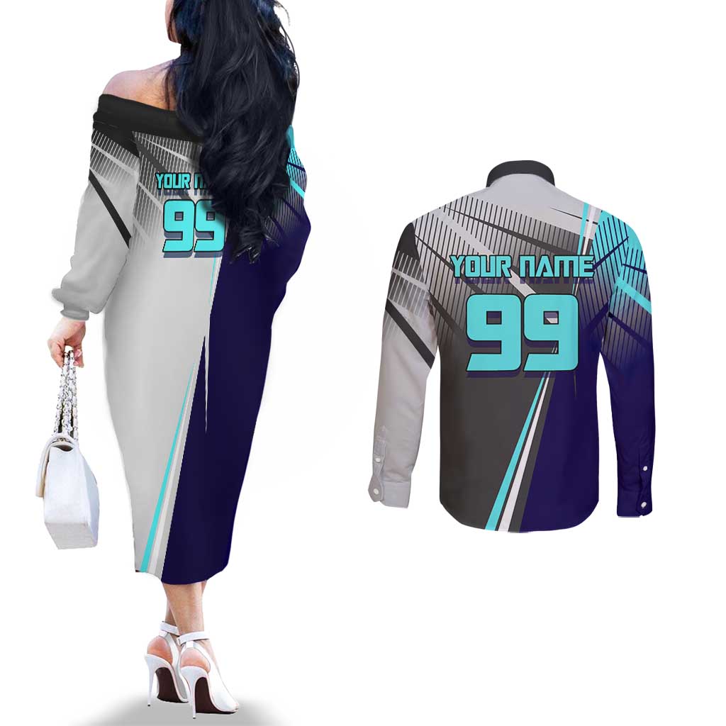 Personalized Nanami Kento Jujutsu Kaisen Couples Matching Off The Shoulder Long Sleeve Dress and Long Sleeve Button Shirt with Teal Highlights and Dynamic Kick Pose
