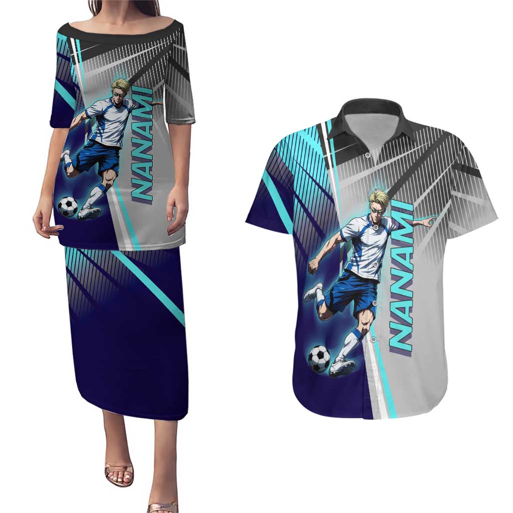 Personalized Nanami Kento Jujutsu Kaisen Couples Matching Puletasi and Hawaiian Shirt with Teal Highlights and Dynamic Kick Pose