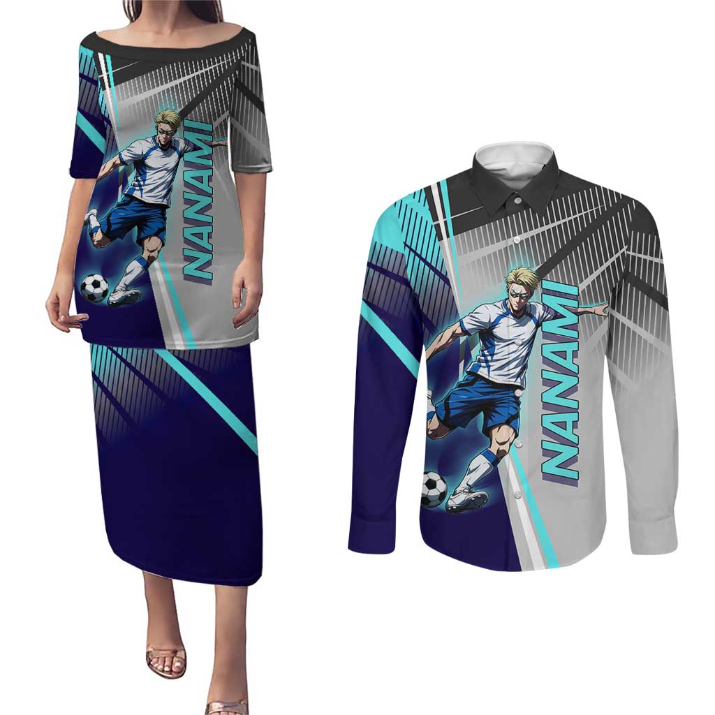Personalized Nanami Kento Jujutsu Kaisen Couples Matching Puletasi and Long Sleeve Button Shirt with Teal Highlights and Dynamic Kick Pose