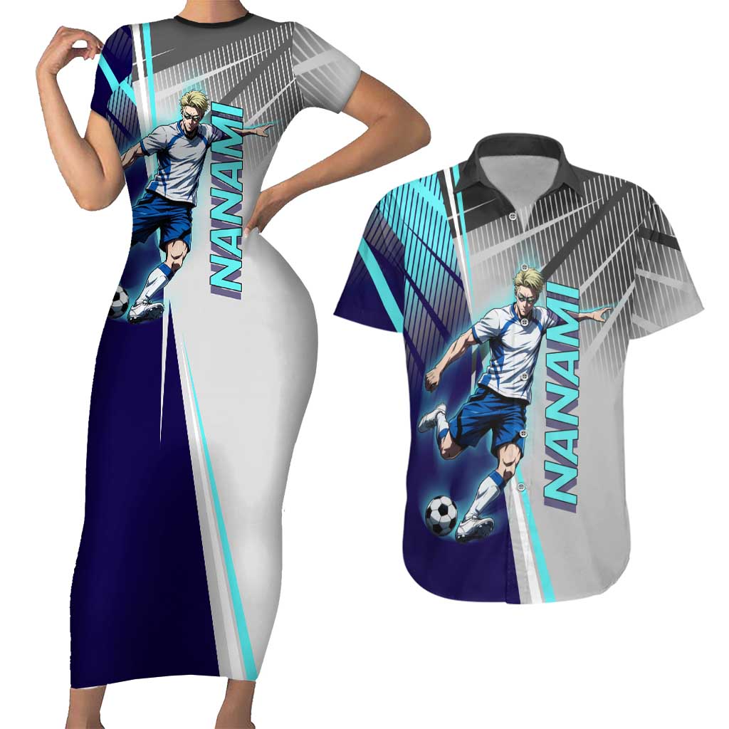 Personalized Nanami Kento Jujutsu Kaisen Couples Matching Short Sleeve Bodycon Dress and Hawaiian Shirt with Teal Highlights and Dynamic Kick Pose