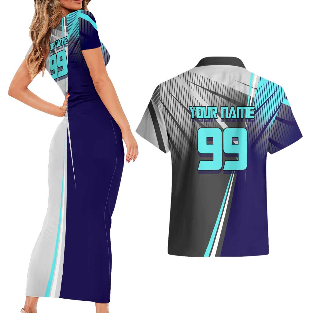 Personalized Nanami Kento Jujutsu Kaisen Couples Matching Short Sleeve Bodycon Dress and Hawaiian Shirt with Teal Highlights and Dynamic Kick Pose