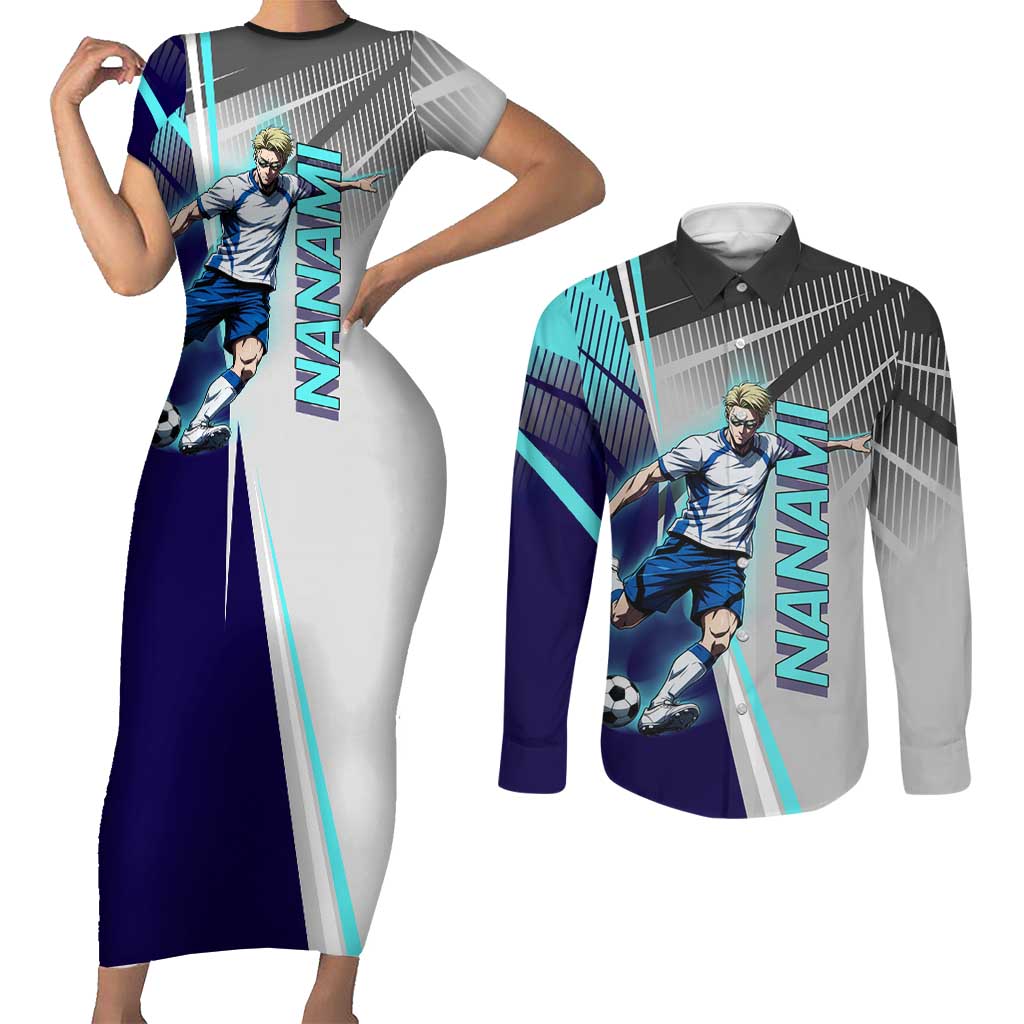 Personalized Nanami Kento Jujutsu Kaisen Couples Matching Short Sleeve Bodycon Dress and Long Sleeve Button Shirt with Teal Highlights and Dynamic Kick Pose