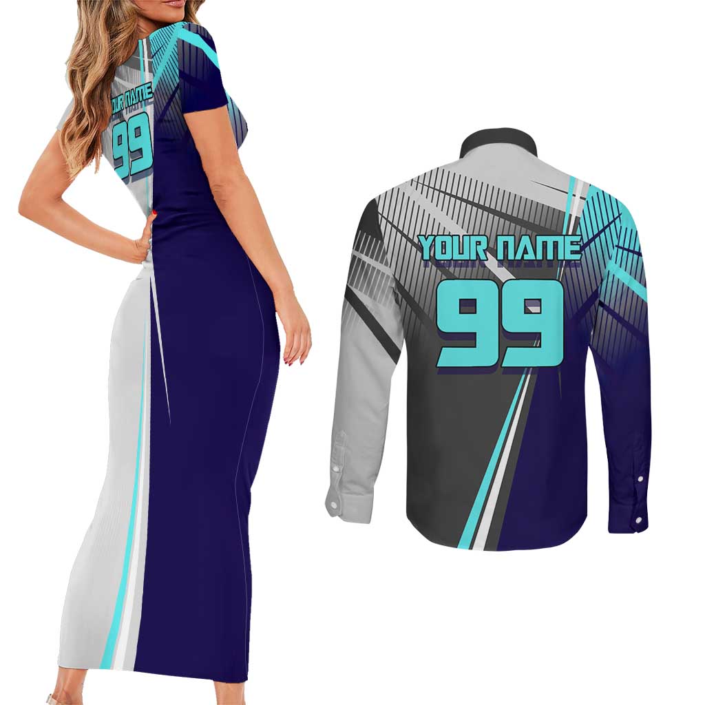 Personalized Nanami Kento Jujutsu Kaisen Couples Matching Short Sleeve Bodycon Dress and Long Sleeve Button Shirt with Teal Highlights and Dynamic Kick Pose