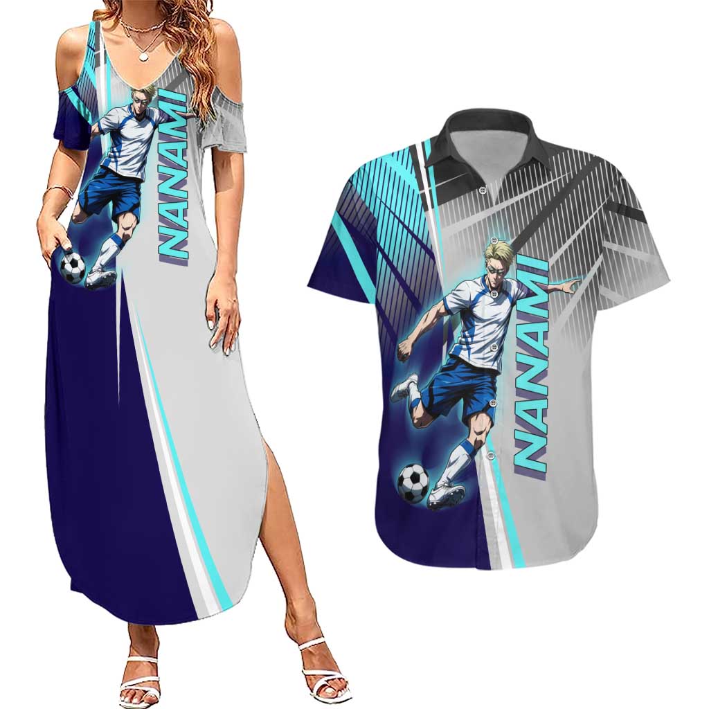 Personalized Nanami Kento Jujutsu Kaisen Couples Matching Summer Maxi Dress and Hawaiian Shirt with Teal Highlights and Dynamic Kick Pose