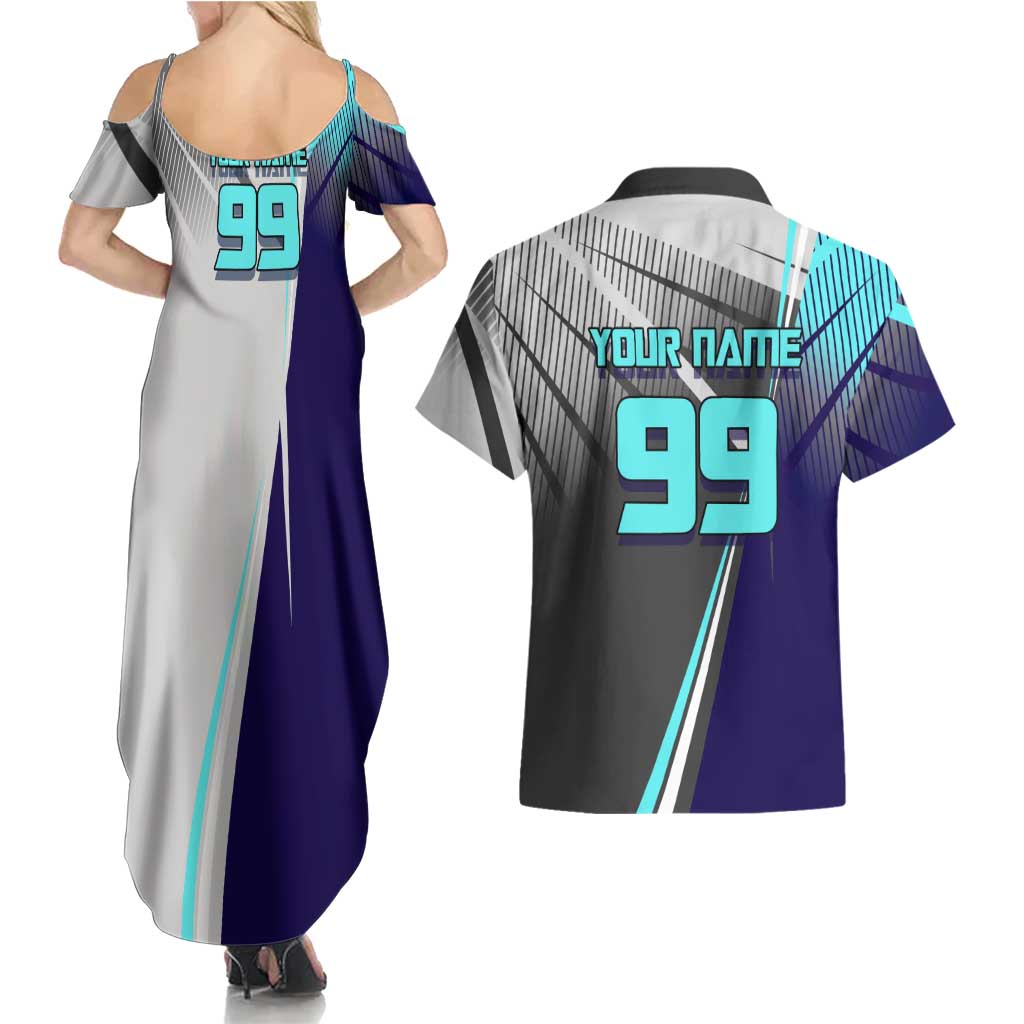 Personalized Nanami Kento Jujutsu Kaisen Couples Matching Summer Maxi Dress and Hawaiian Shirt with Teal Highlights and Dynamic Kick Pose