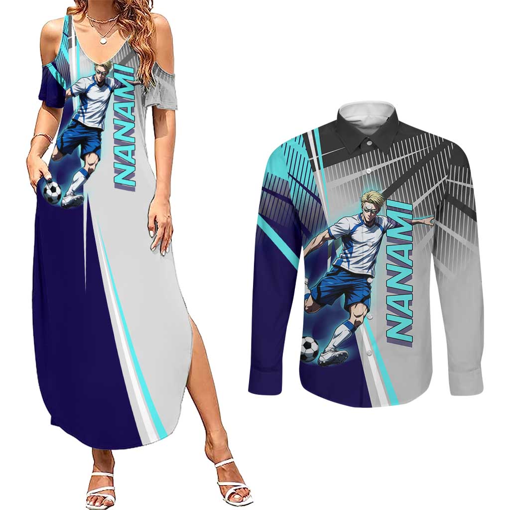 Personalized Nanami Kento Jujutsu Kaisen Couples Matching Summer Maxi Dress and Long Sleeve Button Shirt with Teal Highlights and Dynamic Kick Pose