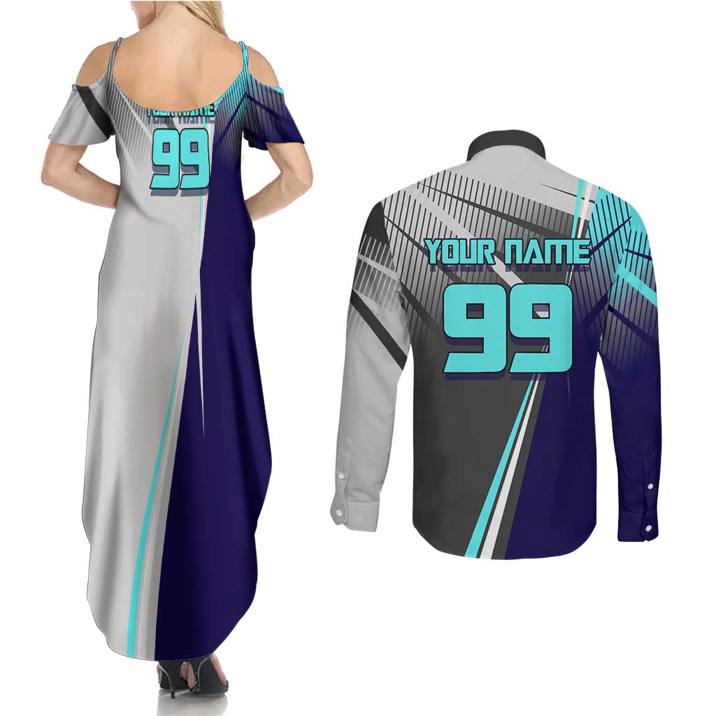 Personalized Nanami Kento Jujutsu Kaisen Couples Matching Summer Maxi Dress and Long Sleeve Button Shirt with Teal Highlights and Dynamic Kick Pose
