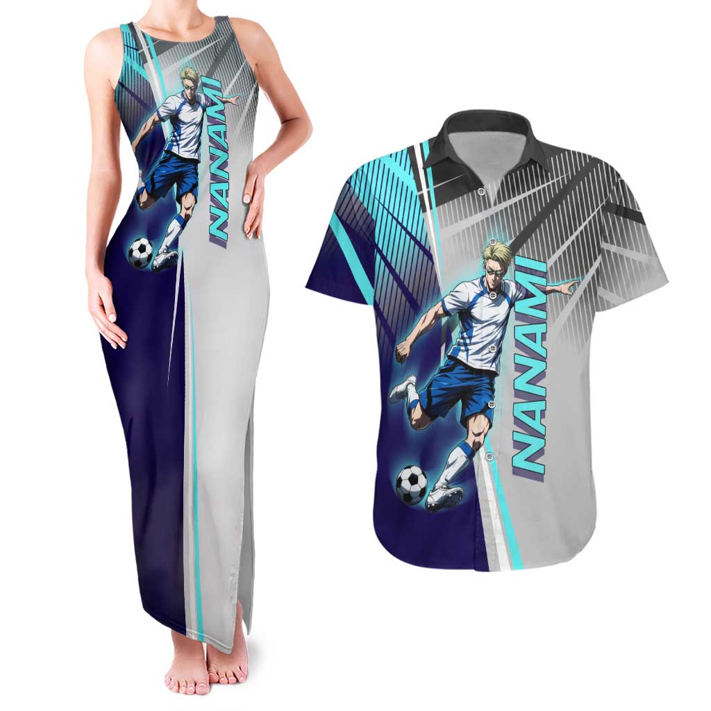 Personalized Nanami Kento Jujutsu Kaisen Couples Matching Tank Maxi Dress and Hawaiian Shirt with Teal Highlights and Dynamic Kick Pose