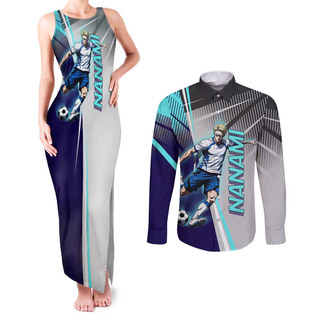 Personalized Nanami Kento Jujutsu Kaisen Couples Matching Tank Maxi Dress and Long Sleeve Button Shirt with Teal Highlights and Dynamic Kick Pose