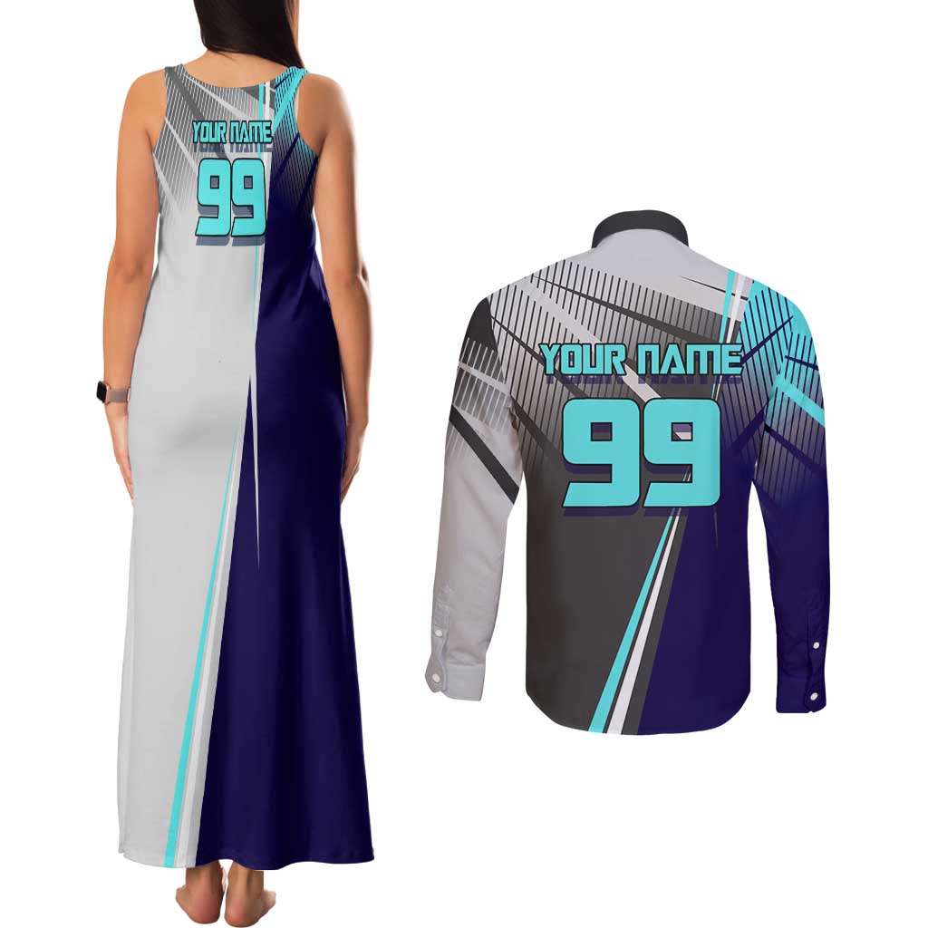 Personalized Nanami Kento Jujutsu Kaisen Couples Matching Tank Maxi Dress and Long Sleeve Button Shirt with Teal Highlights and Dynamic Kick Pose