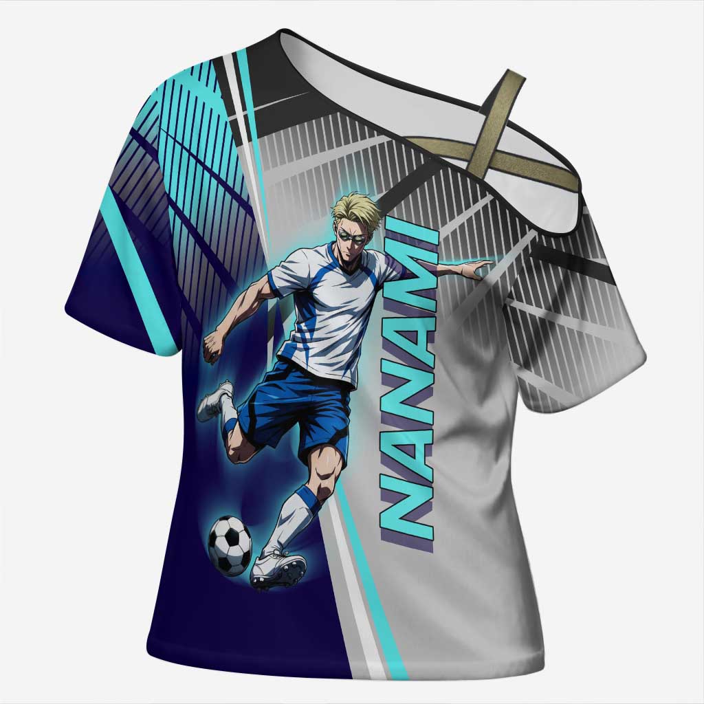 Personalized Nanami Kento Jujutsu Kaisen Cross Shoulder Shirt with Teal Highlights and Dynamic Kick Pose