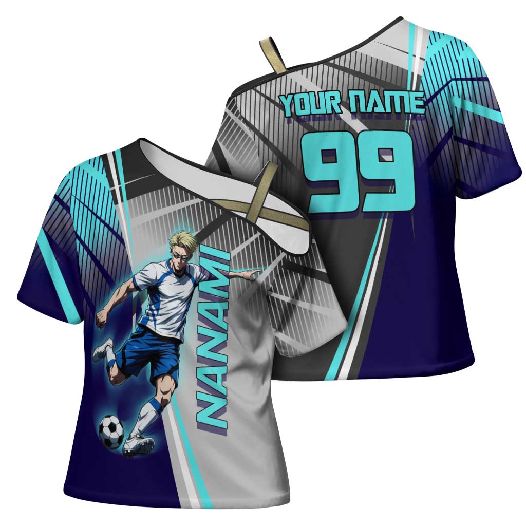 Personalized Nanami Kento Jujutsu Kaisen Cross Shoulder Shirt with Teal Highlights and Dynamic Kick Pose