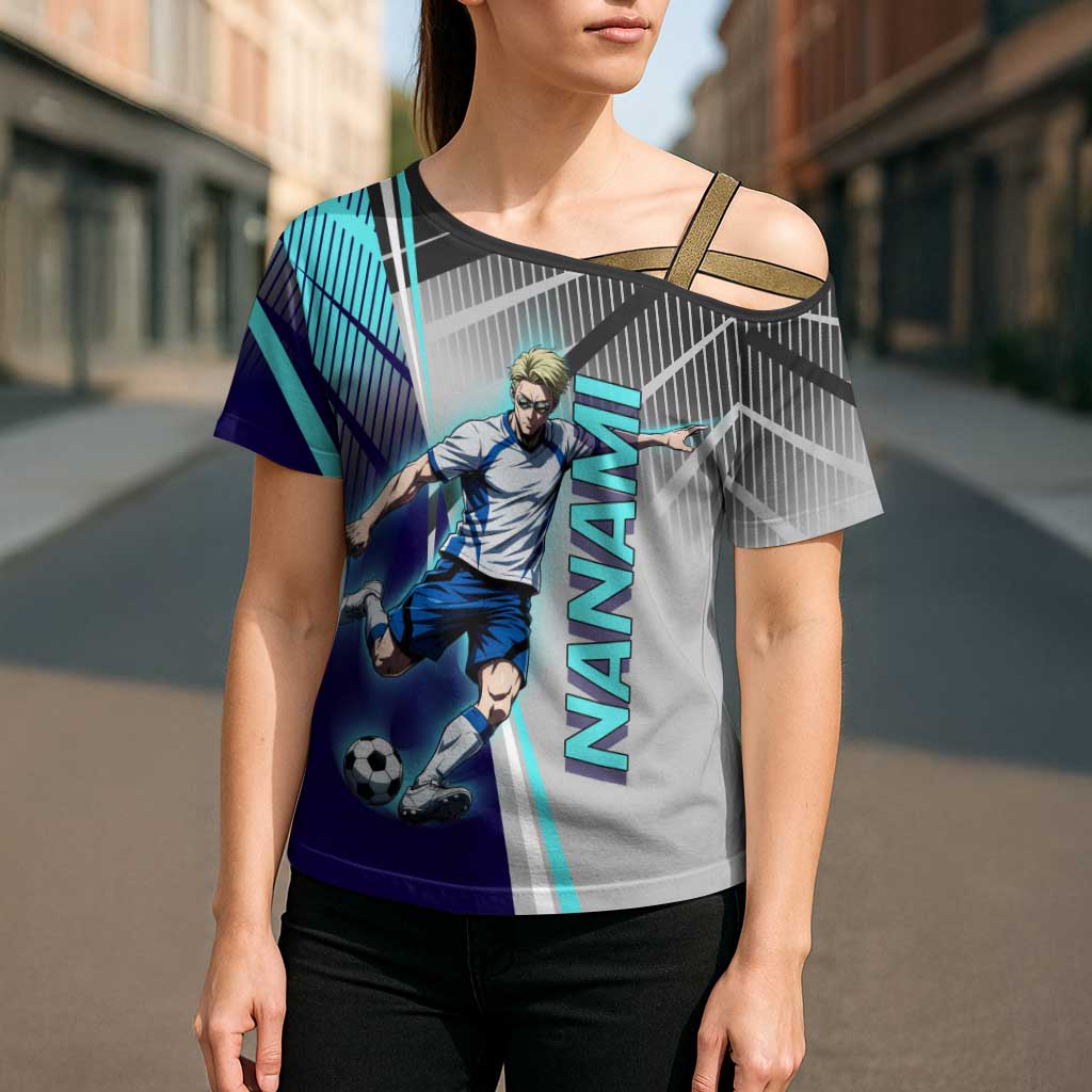 Personalized Nanami Kento Jujutsu Kaisen Cross Shoulder Shirt with Teal Highlights and Dynamic Kick Pose