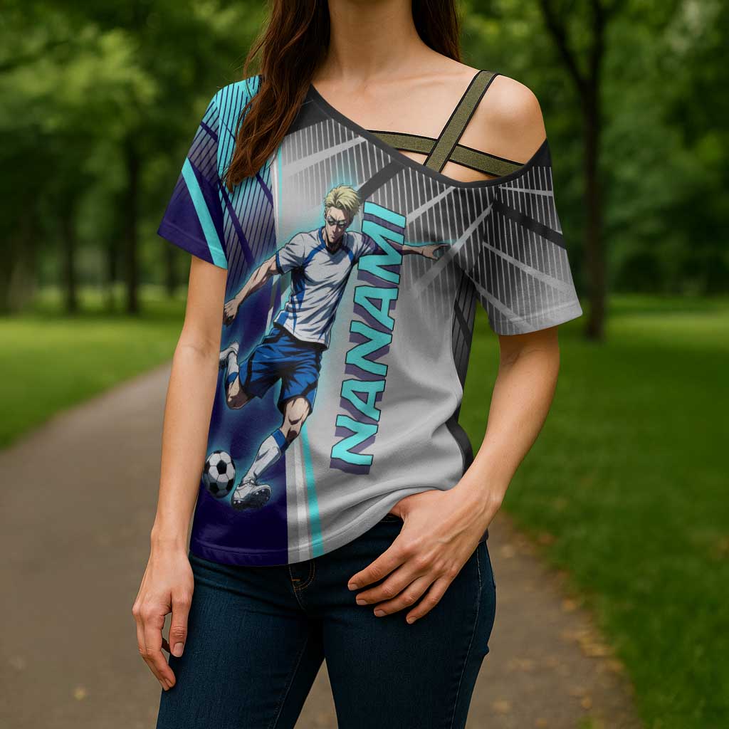 Personalized Nanami Kento Jujutsu Kaisen Cross Shoulder Shirt with Teal Highlights and Dynamic Kick Pose