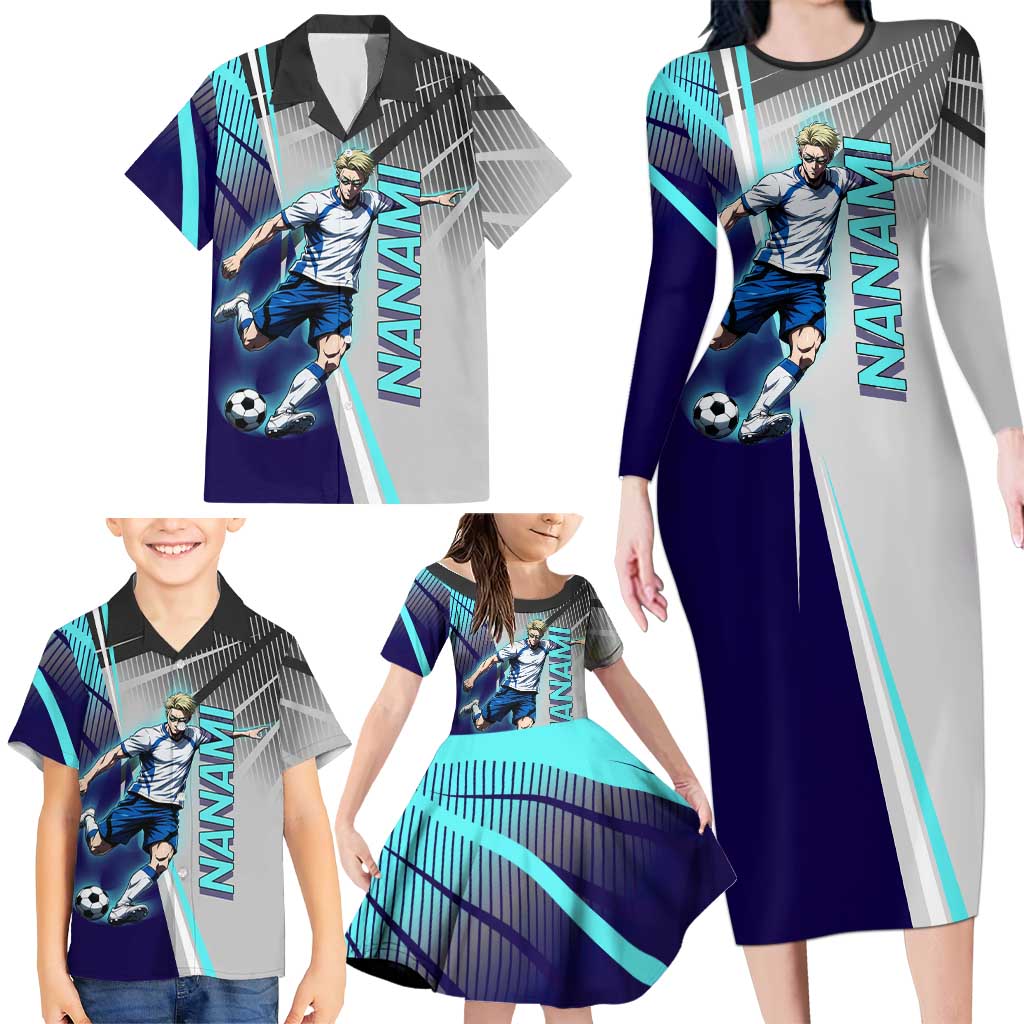 Personalized Nanami Kento Jujutsu Kaisen Family Matching Long Sleeve Bodycon Dress and Hawaiian Shirt with Teal Highlights and Dynamic Kick Pose