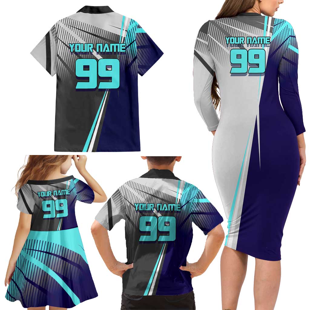 Personalized Nanami Kento Jujutsu Kaisen Family Matching Long Sleeve Bodycon Dress and Hawaiian Shirt with Teal Highlights and Dynamic Kick Pose