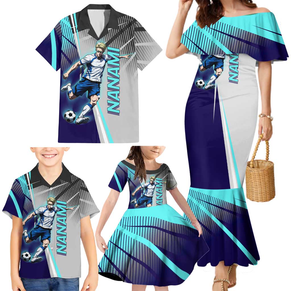 Personalized Nanami Kento Jujutsu Kaisen Family Matching Mermaid Dress and Hawaiian Shirt with Teal Highlights and Dynamic Kick Pose