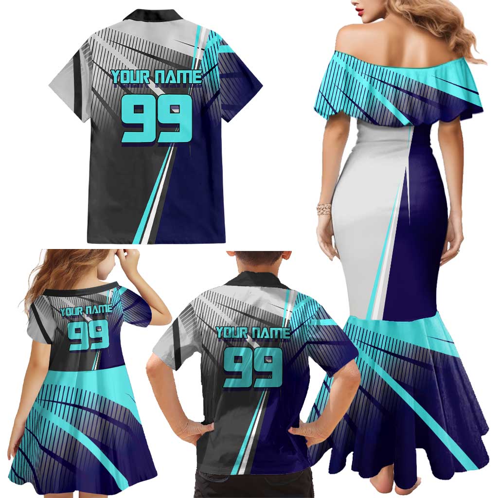 Personalized Nanami Kento Jujutsu Kaisen Family Matching Mermaid Dress and Hawaiian Shirt with Teal Highlights and Dynamic Kick Pose