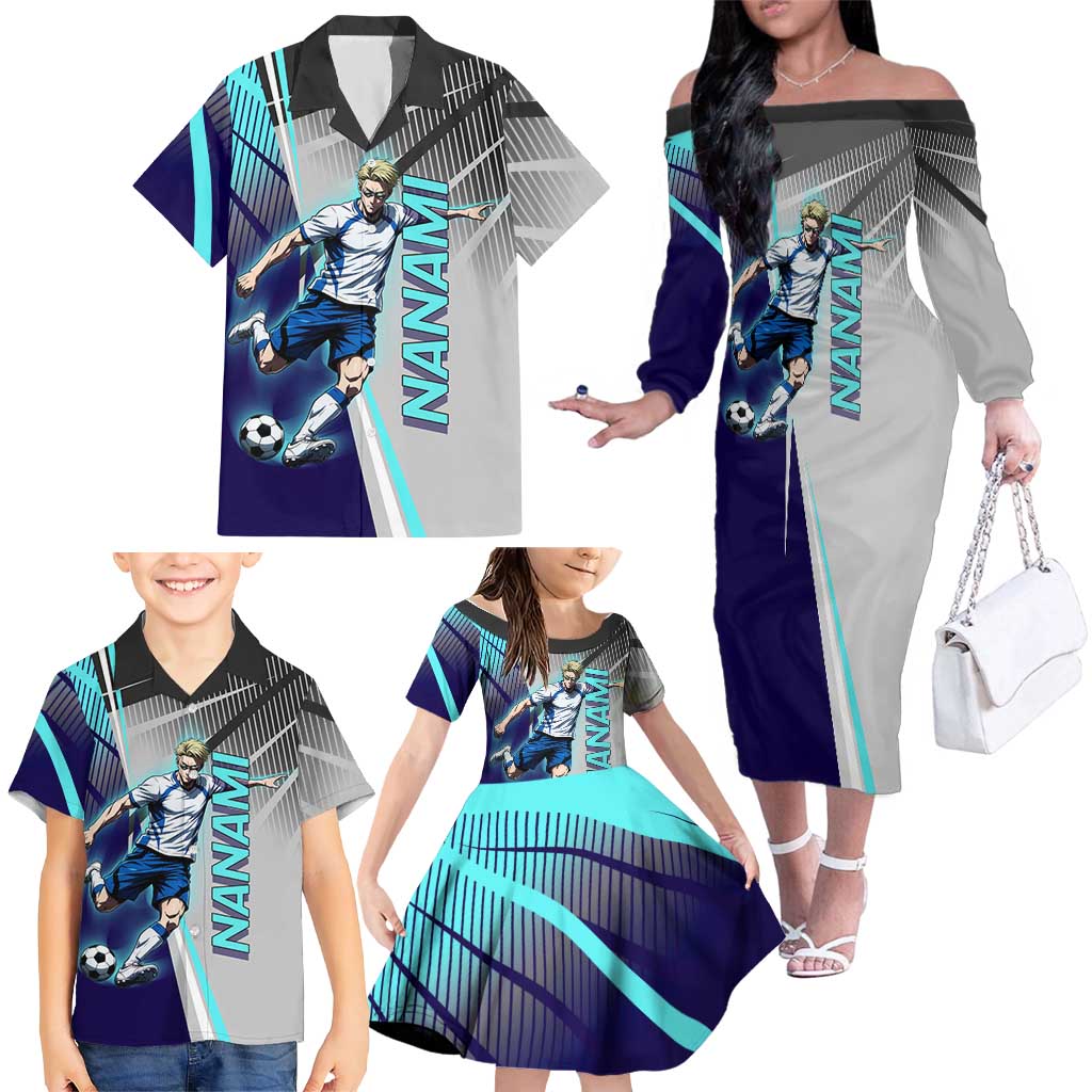 Personalized Nanami Kento Jujutsu Kaisen Family Matching Off The Shoulder Long Sleeve Dress and Hawaiian Shirt with Teal Highlights and Dynamic Kick Pose