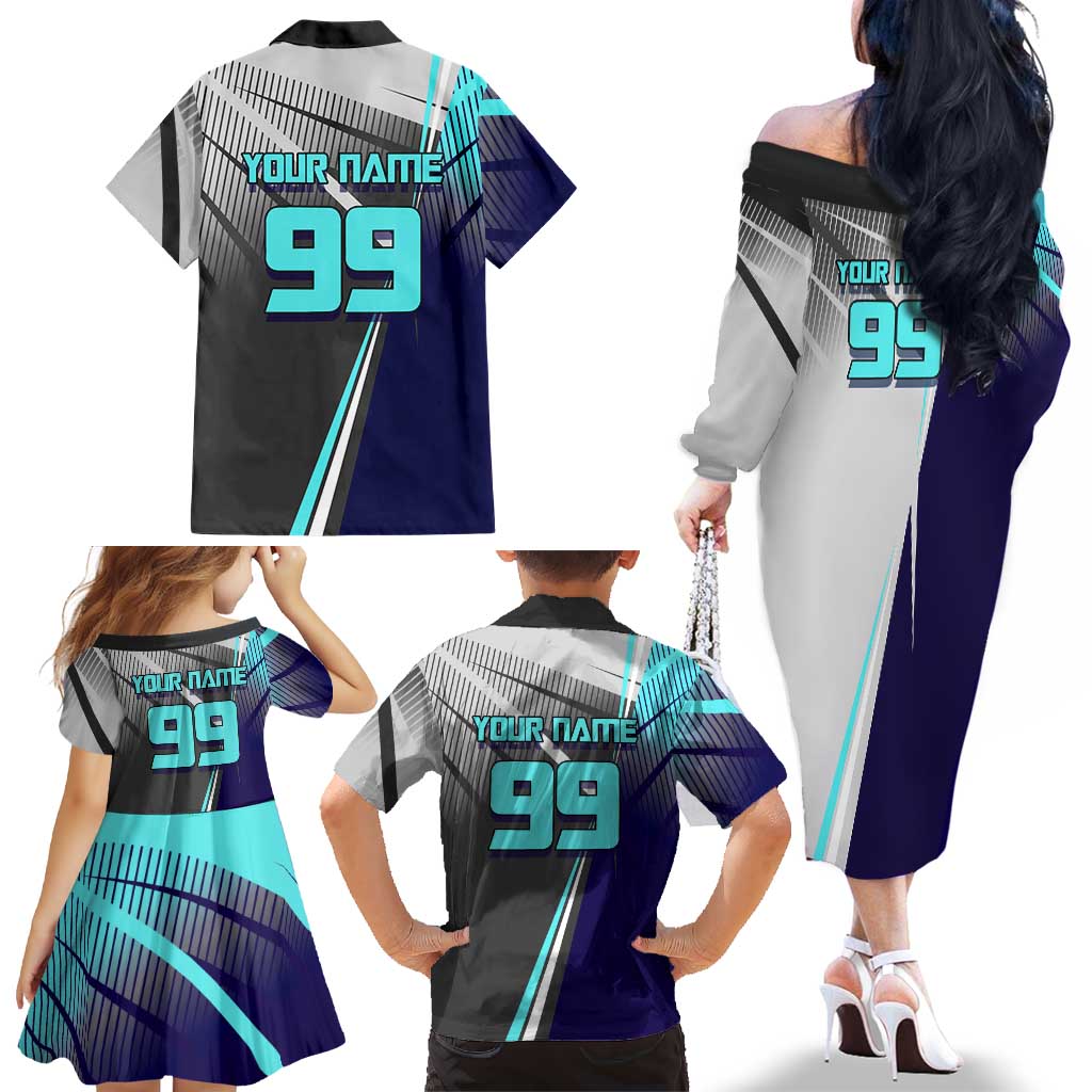 Personalized Nanami Kento Jujutsu Kaisen Family Matching Off The Shoulder Long Sleeve Dress and Hawaiian Shirt with Teal Highlights and Dynamic Kick Pose
