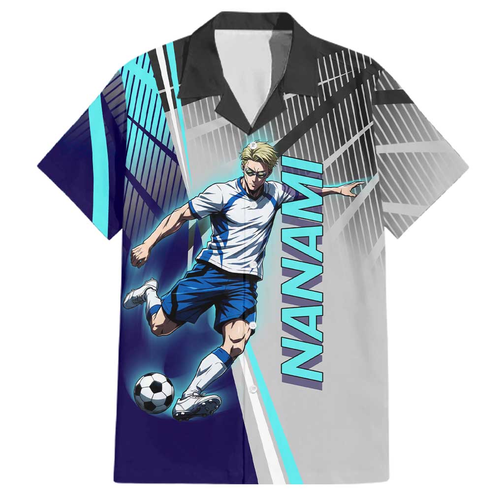 Personalized Nanami Kento Jujutsu Kaisen Family Matching Off The Shoulder Long Sleeve Dress and Hawaiian Shirt with Teal Highlights and Dynamic Kick Pose