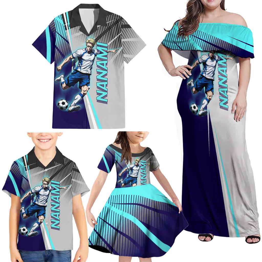 Personalized Nanami Kento Jujutsu Kaisen Family Matching Off Shoulder Maxi Dress and Hawaiian Shirt with Teal Highlights and Dynamic Kick Pose