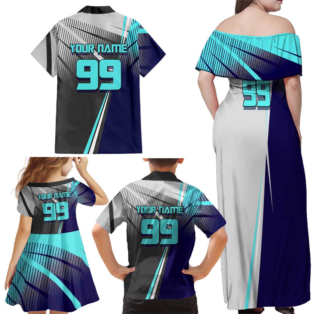 Personalized Nanami Kento Jujutsu Kaisen Family Matching Off Shoulder Maxi Dress and Hawaiian Shirt with Teal Highlights and Dynamic Kick Pose