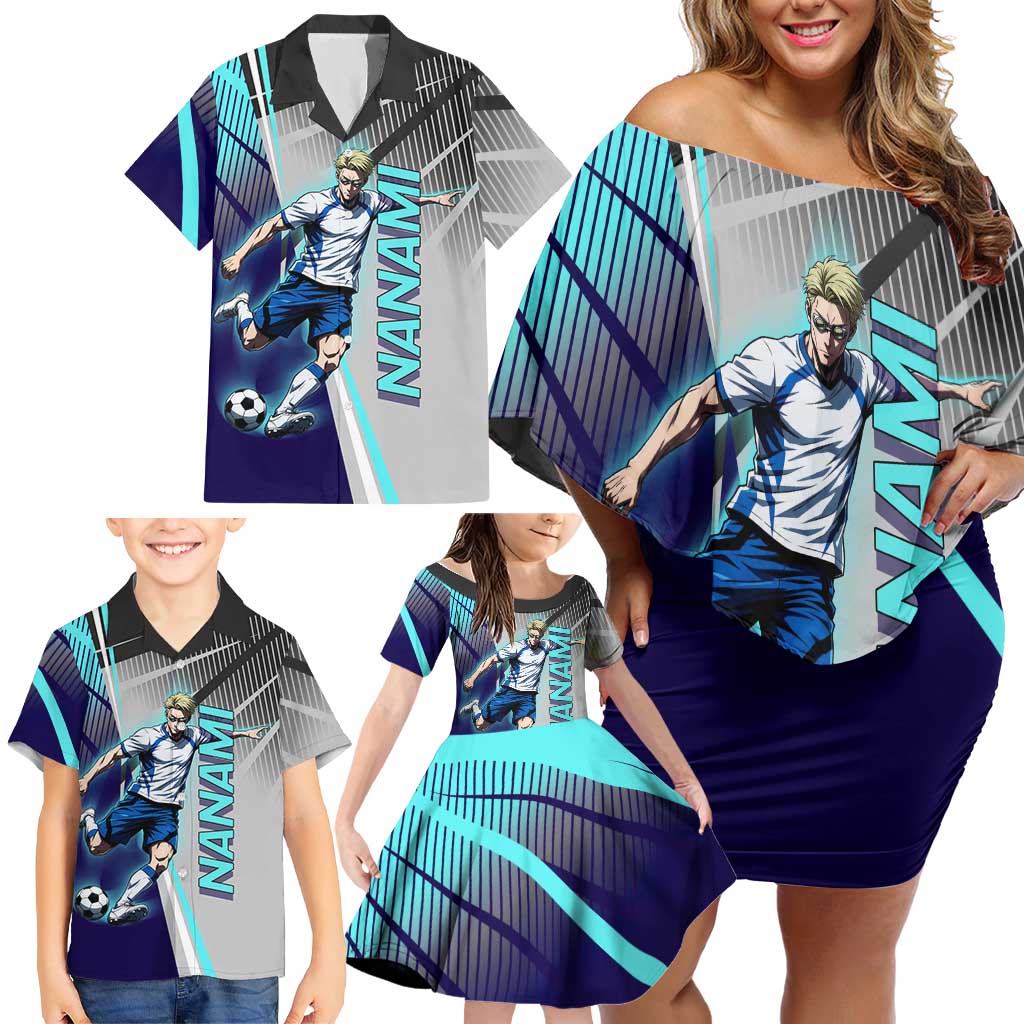 Personalized Nanami Kento Jujutsu Kaisen Family Matching Off Shoulder Short Dress and Hawaiian Shirt with Teal Highlights and Dynamic Kick Pose