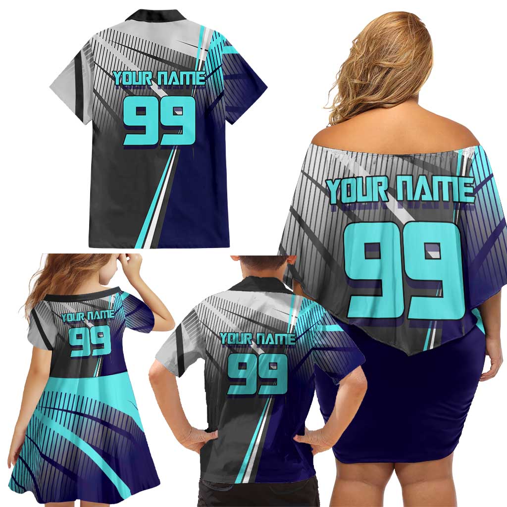 Personalized Nanami Kento Jujutsu Kaisen Family Matching Off Shoulder Short Dress and Hawaiian Shirt with Teal Highlights and Dynamic Kick Pose