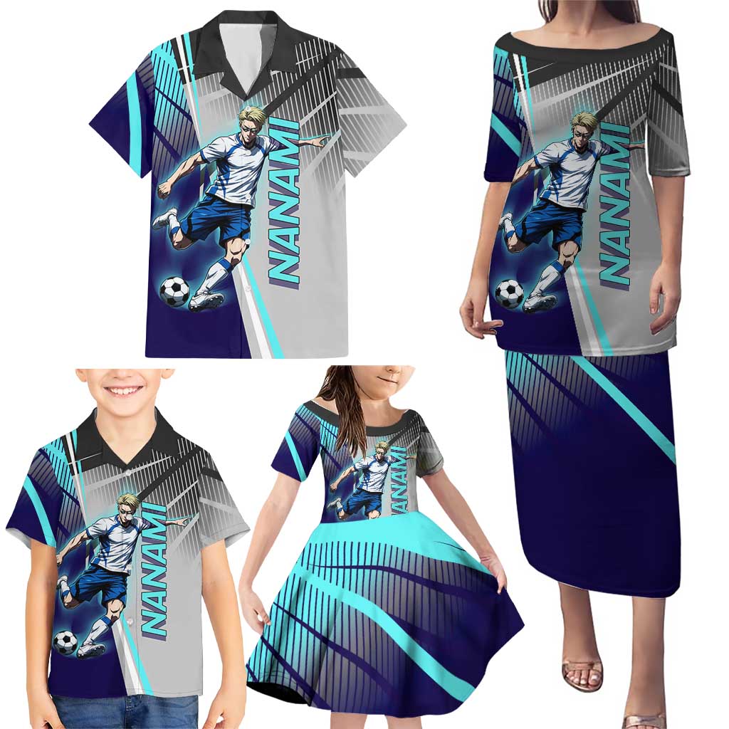 Personalized Nanami Kento Jujutsu Kaisen Family Matching Puletasi and Hawaiian Shirt with Teal Highlights and Dynamic Kick Pose