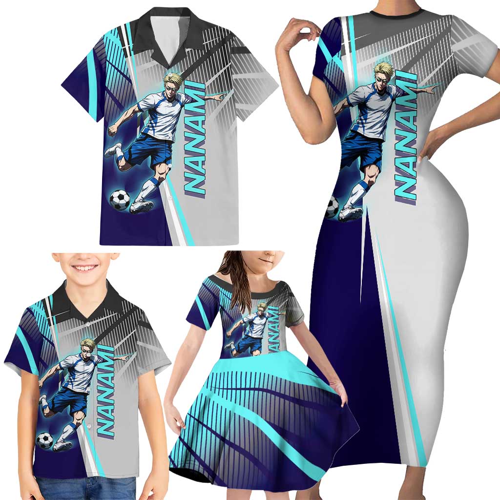 Personalized Nanami Kento Jujutsu Kaisen Family Matching Short Sleeve Bodycon Dress and Hawaiian Shirt with Teal Highlights and Dynamic Kick Pose