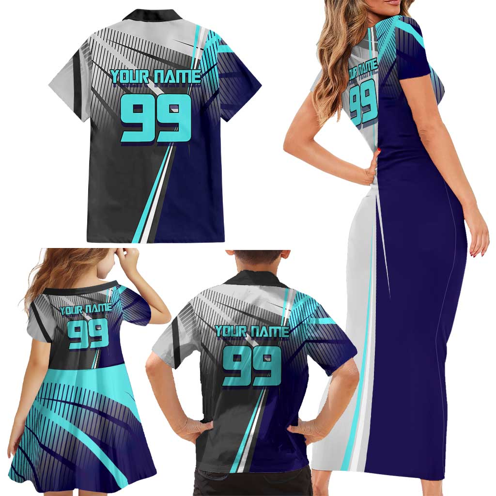 Personalized Nanami Kento Jujutsu Kaisen Family Matching Short Sleeve Bodycon Dress and Hawaiian Shirt with Teal Highlights and Dynamic Kick Pose