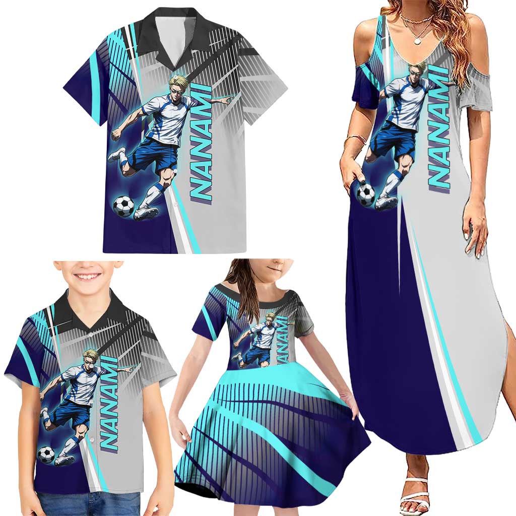 Personalized Nanami Kento Jujutsu Kaisen Family Matching Summer Maxi Dress and Hawaiian Shirt with Teal Highlights and Dynamic Kick Pose