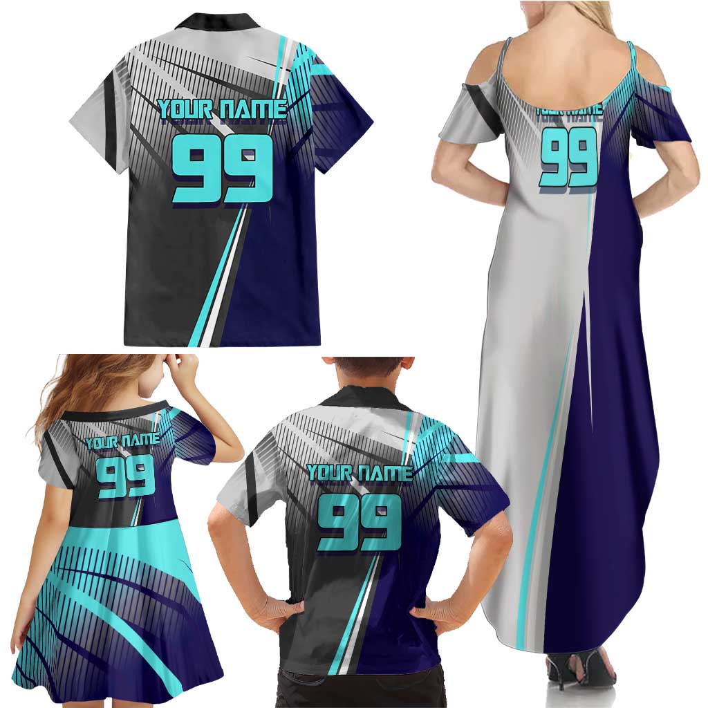 Personalized Nanami Kento Jujutsu Kaisen Family Matching Summer Maxi Dress and Hawaiian Shirt with Teal Highlights and Dynamic Kick Pose